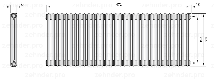 Схема (чертеж) Радиатор Zehnder Charleston 2090/32 №7610 Белый глянцевый RAL 9016